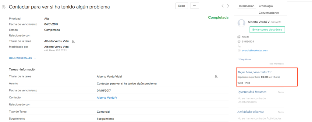 mejor hora para contactar vista detalle tarea